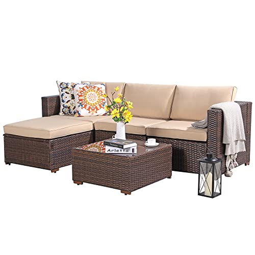 5 Piece Outdoor Patio Furniture Set, Outdoor Sectional Conversation Set, All-Weather Brown PE Wicker w/Beige Cushions, Outdoor Backyard Porch Garden Poolside Balcony Furniture Set