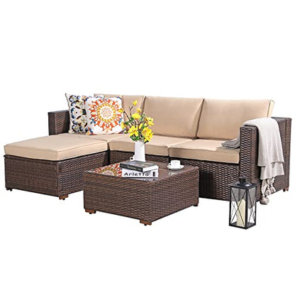5 Piece Outdoor Patio Furniture Set, Outdoor Sectional Conversation Set, All-Weather Brown PE Wicker w/Beige Cushions, Outdoor Backyard Porch Garden Poolside Balcony Furniture Set