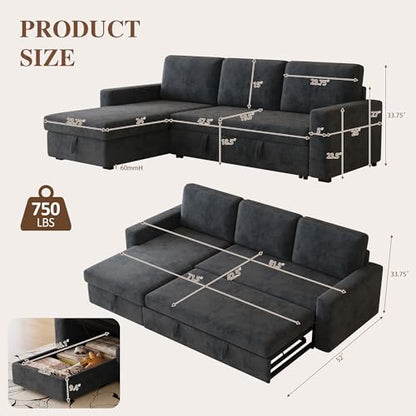 81" Convertible L-Shaped Pull Out Sectional Sleeper Sofa Bed, Dark Gray | Storage Chaise, Pull Out Sectional Couch, Removable Cushions, Chenille Fabric, For Small Apartment & Living Room
