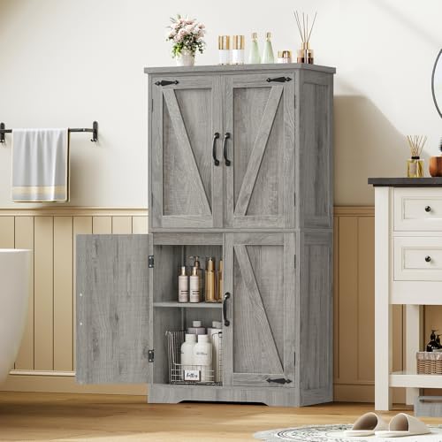 Farmhouse Storage Cabinet with 2 Adjustable Shelves, Bathroom Cabinet with 4 Doors, Cupboard for Kitchen, Living Room, Rustic Gray