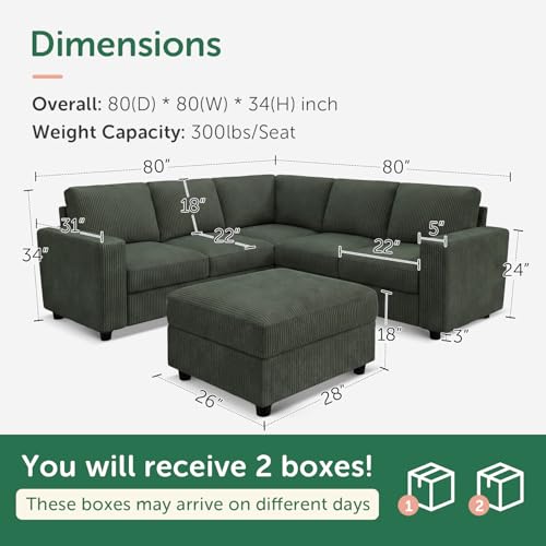 Corduroy Sectional Sofa with Storage Ottoman, 6 Seaters L Shaped Small Sectional Couch for Living Room, Green
