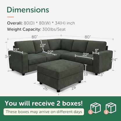 Corduroy Sectional Sofa with Storage Ottoman, 6 Seaters L Shaped Small Sectional Couch for Living Room, Green