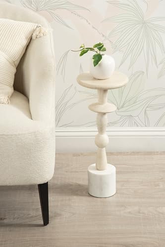 Avenal Modern Round Wood Drink Table, 9 x 9 x 22, Bleached Wood and White Marble, Boho Circle Mini Pedestal with Marble Base for Use as Martini Stand or Small Bedroom Nightstand Option