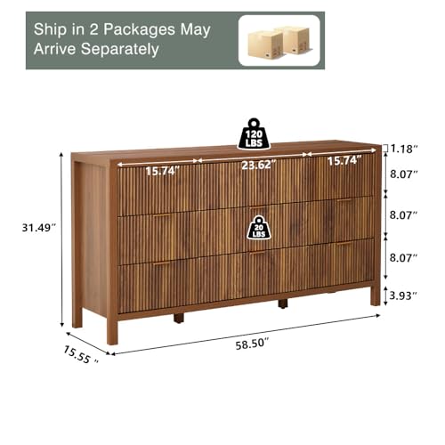 Mid Century Modern Dresser TV Stand, 9 Drawer Dresser for Bedroom Wood, Farmhouse Boho Storage Cabinet Side Table with Solid Natural Wood Legs, Long Wooden Nightstand for Closet (Walnut)