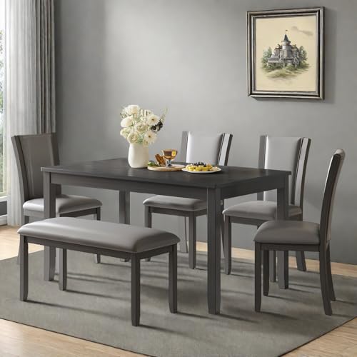 Dining Table Set for 6, Farmhouse 6 Piece Dining Room Table Set with Rectangular Table, 4 Upholstered Backrest Chairs and Bench, Counter Height Kitchen Sets with Warm Woodgrain Finish, Gray