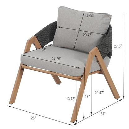 Lucia Metal Lounge Chair Outdoor Set of 2, Woven Rattan Patio Accent Chair with Curved Backrest, Patio Furniture Single Sofa Chair with Removable Cushion, Grey+Teak
