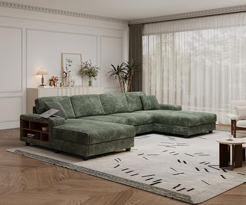 137” Oversized Corduroy Sectional Sleeper Sofa with Double Storage Chaise, U Shaped 4 Seat Sectional Couch,Green