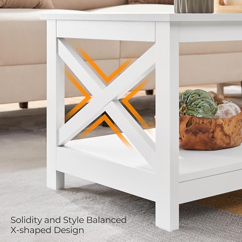 Yaheetech Wood 2-Tier White Coffee Table with Storage Shelf for Living Room, X Design Accent Cocktail Table, Simple Design Home Furniture, 39.5 x 20 x 18 Inches