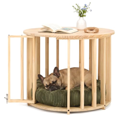 Dog Crate Furniture, Round Cat Coffee Table with Cat Bed, view 2