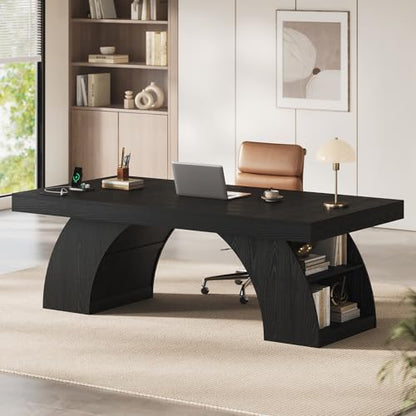 70.9 Inch Executive Desk, Large Office Desk with Power Outlet & Storage Shelves, view 3