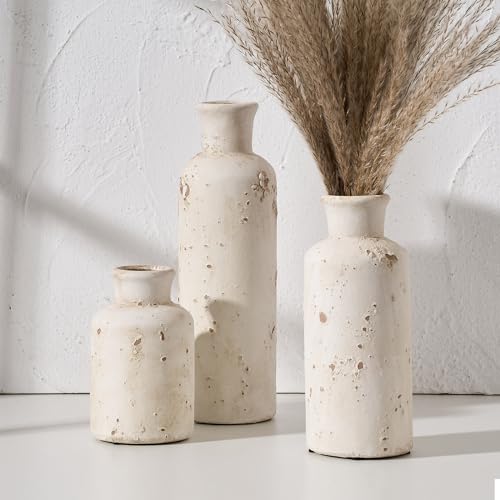Ceramic Rustic Farmhouse Vase Set of 3, Whitewashed Terracotta Vase, Clay Decorative Vases for Home Decor, Living Room, Shelf, Mantel Decoration(Rustic White)