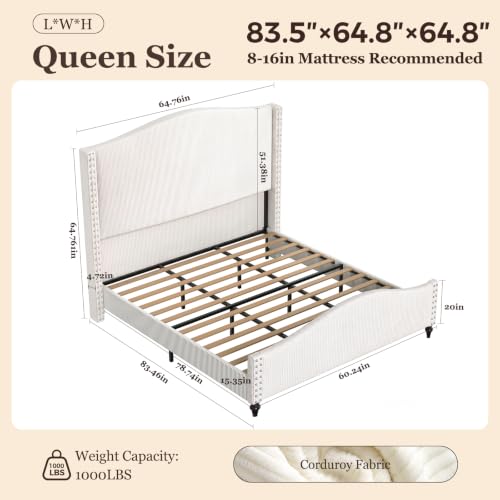 Queen Bed Frame with 65" Tall Headboard, White Corduroy Upholstered Bed, view 3