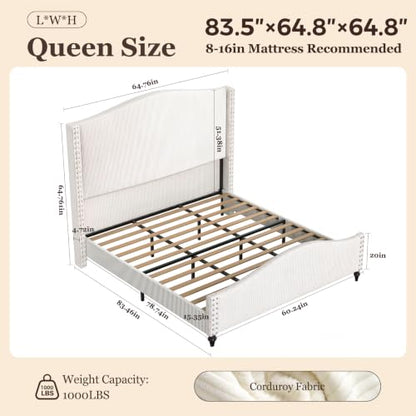 Queen Bed Frame with 65" Tall Headboard, White Corduroy Upholstered Bed, view 3