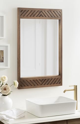 Mezzeta Modern Wooden Chevron Rectangle Wall Mirror, 24 x 36, Natural Wood, Transitional Herringbone Wood Mirror for Use as Vanity Bathroom Mirror or Rectangular Bedroom Mirror Option