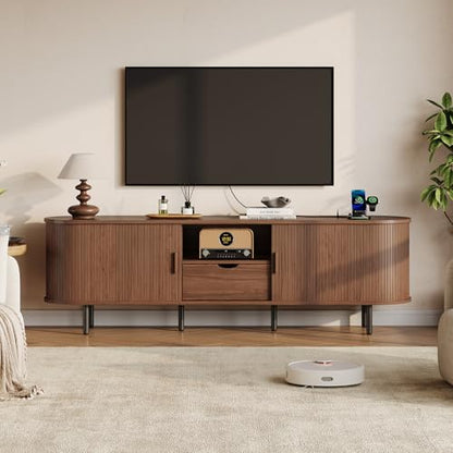 69" TV Stand with Power Outlet for TVs up to 75 Inch, Fluted Media Console | Mid-Century Modern Walnut Entertainment Center with Storage Drawer, Sliding Door and Adjustable Shelves for Living Room