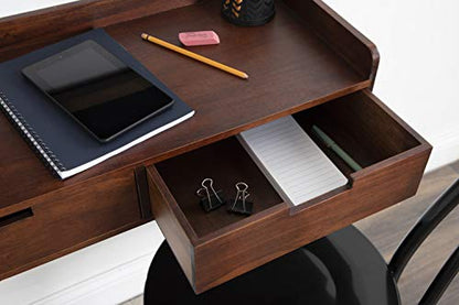 Kitt Modern Floating Shelf with Drawers, 28 x 12 x 6.5 inches, Dark Walnut Brown, Chic Floating Storage Console Table or Desk for Wall