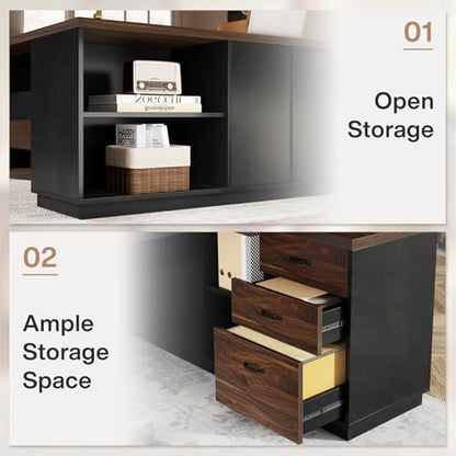 Tribesigns L-Shaped Executive Desk, 78-Inch Large Office Desk with Drawers and Lateral File Cabinet, Modern Business Furniture with Storage Shelves, Workstation for Home Office (Walnut + Black)