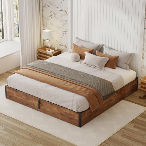 King Size Bed Frame with Lift Up Storage, Rustic Brown, view 4