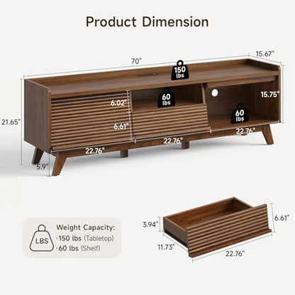 70" Mid-Century TV Stand for Living Room,Wood TV Console, view 3