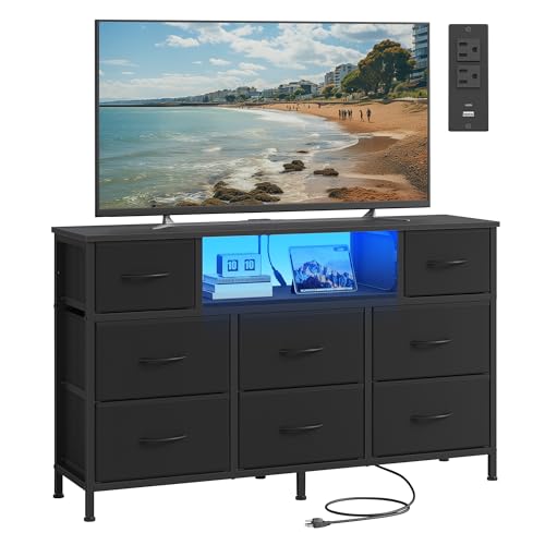 SONGMICS BELLAH Collection - Dresser for Bedroom with Outlets and LED Lights, TV Stand for TVs Up to 55 Inches, Chest of Drawers, 8 Drawers, Steel, Industrial, Modern, Ink Black ULGS433BH02S