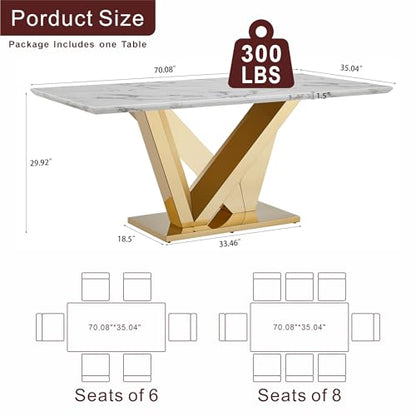 Marble Dining Table for 6 People, 70'' Rectangle Faux Marble Dining Table with Mirrored Stainless Steel Base, Large Size Marble Kitchen Table (Gold,White)(ONLY Table)