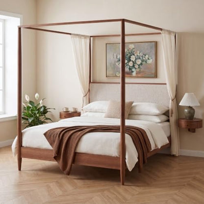 King Canopy Bed with Boucle Headboard ＆ Tapered Legs (Walnut), view 6