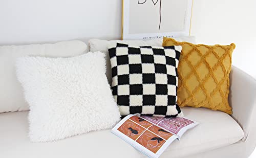 Decorative Throw Pillow Covers Luxury Style Checkerboard Pattern Cushion Case Super Soft Faux Fur Wool Pillowcases for Couch Bedroom Pack of 2 (Black, 18 x 18-Inch)