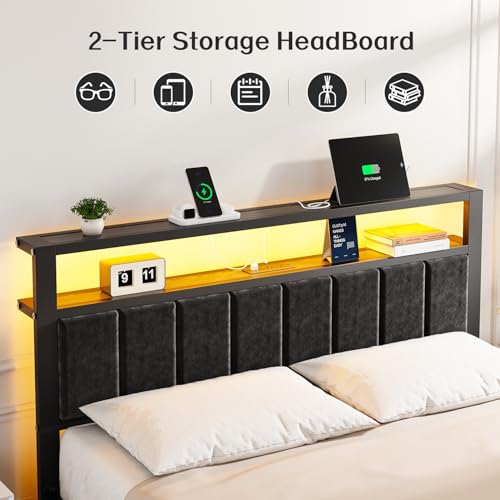 Queen Size Bed Frame with LED Lights & Charging Station, view 4