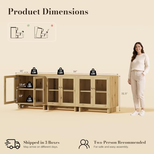 94" Storage Cabinet, Modular Sideboard Buffet Cabinet with 6 Glass Doors, view 4