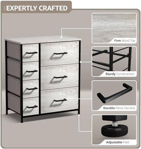 Dresser with 7 Faux Wood Drawers - Storage Unit Organizer Chest for Clothes - Bedroom, Hallway, Living Room, Closet, & Dorm Furniture - Steel Frame, Wood Top, & Easy Pull Fabric Bins