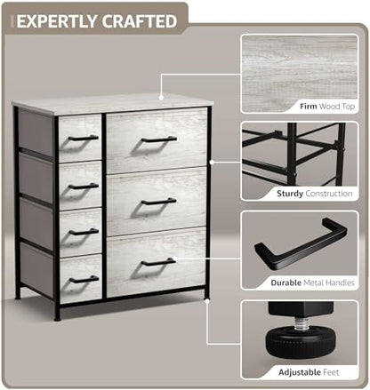 Dresser with 7 Faux Wood Drawers - Storage Unit Organizer Chest for Clothes - Bedroom, Hallway, Living Room, Closet, & Dorm Furniture - Steel Frame, Wood Top, & Easy Pull Fabric Bins