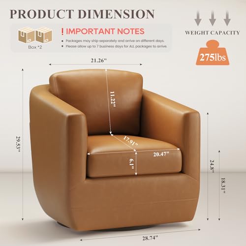360° Swivel Accent Chair Set of 2 with Pillow - Comfy Living Room Armchair No-Sag Foam & Sturdy Metal Base, Fully Assembled Swivel Accent Single Sofa for Bedroom Living Room, Office, Brown