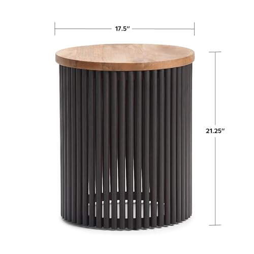 Demy Metal and Wood Accent Table - 18 inch Wide Solid Metal Round End Table in Natural and Black, Industrial Side Table or Coffee Table for Living Room with Compact Design, Assembled | Side Table