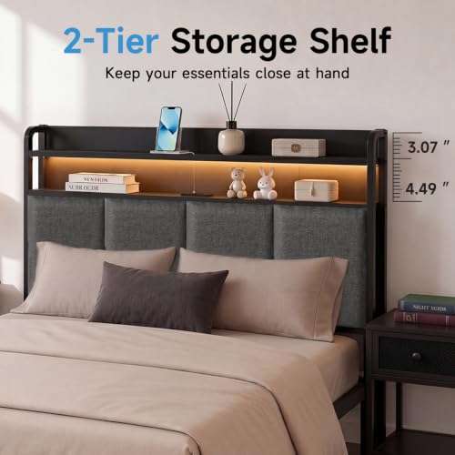 King Upholstered Metal Platform Bed Frame with RGB LED & Charging, view 4