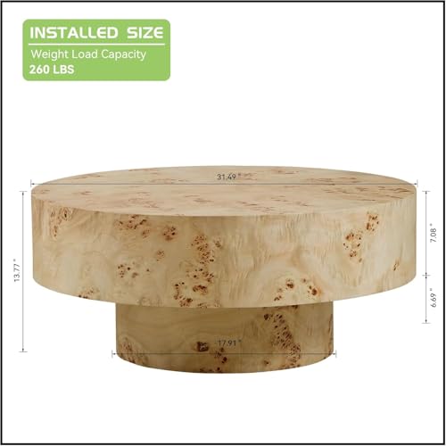 Coffee Table Round Wood 31.49" W X 13.77''h for Living Room Small Short Modern Coffee Tables Natural Burl Circle Drum Tea Center Cocktail Fluted Handcraft Home Furniture for Apartment Easy Assembly