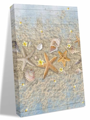 NuYeBiofx Summer Starfish Shell Conch Canvas Wall Art Prints,30"x20" Framed Picture Artwork Beach Flower Blue Wood Board Printed Canvas Oil Painting for Living Room Bedroom Office,Ready to Hang