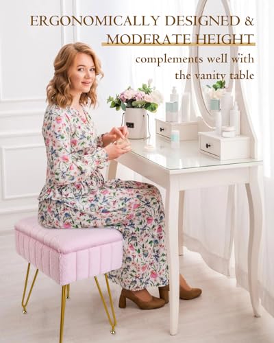 Vanity Stool with Storage, Faux Fur Makeup Stool with Metal Legs, Multifunctional Furry Footrest Ottoman Chair for Living Room Bedroom,Pink