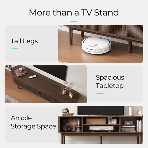 70" Fluted TV Stand for TVs up to 80 Inch, Mid Century Modern Entertainment Center with Storage Cabinet and Sliding Doors, Farmhouse Wood Media TV Console for Living Room, Bedroom, Walnut