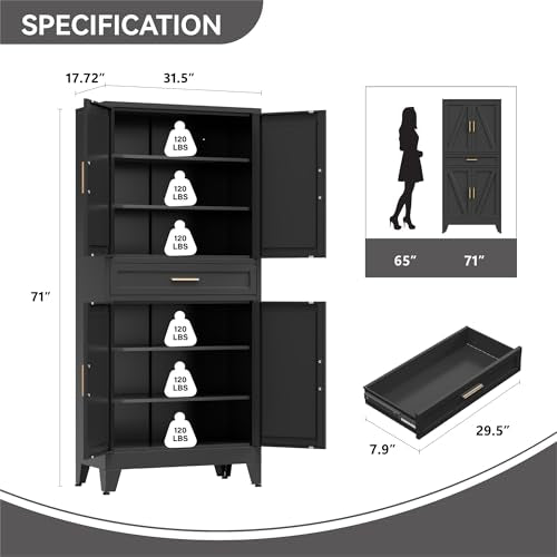 Metal Storage Cabinets with Drawer, 71" Filing Cabinet with 4 Adjustable Shelves & 4 Doors, Modern Abstract Rhombus Geometric Design File Cabinet for Home,Office,Garage,Shop,School, Black