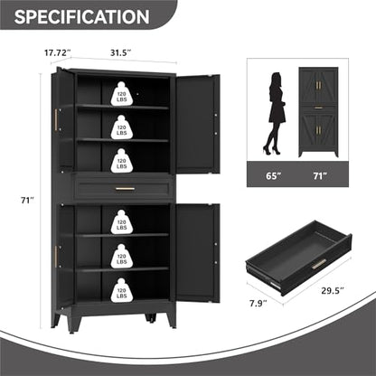 Metal Storage Cabinets with Drawer, 71" Filing Cabinet with 4 Adjustable Shelves & 4 Doors, Modern Abstract Rhombus Geometric Design File Cabinet for Home,Office,Garage,Shop,School, Black