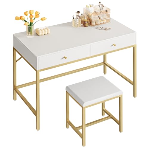 35.4" White and Gold Desk with 2 Drawers, Modern Makeup Vanity, view 2
