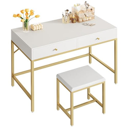 35.4" White and Gold Desk with 2 Drawers, Modern Makeup Vanity, view 2