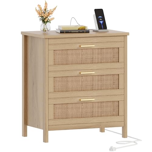 Rattan Nightstand with Charging Station, 23.6" Wide Bedside Table with 3 Drawers, Boho Night Stand with Metal Handles, Accent End Table for Bedroom, Guest Room, Natural