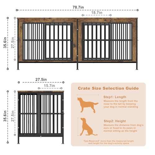78" Double Dog Crate Furniture for Medium/Large Dogs, Brown, Thick wood, view 6