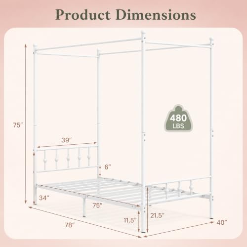 Twin Canopy Bed Frame with Headboard and Footboard (White), view 3