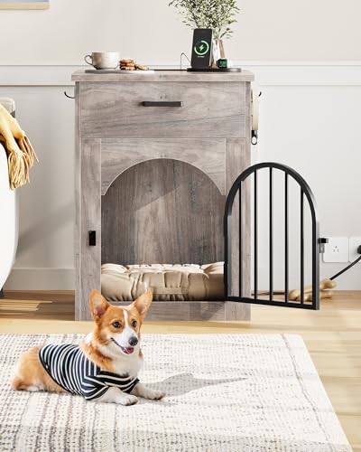 Dog Crate Furniture, Wooden Dog Kennel with Charging Station and Storage Drawer, view 4