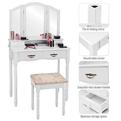 Vanity Set Makeup Table with Stool, Dressing Tables with 4 Drawers, Tri-Folding Mirror, Large Mirrored Room Vanity Desk for Bedroom Bathroom Padded Seat Chair Vanities, White
