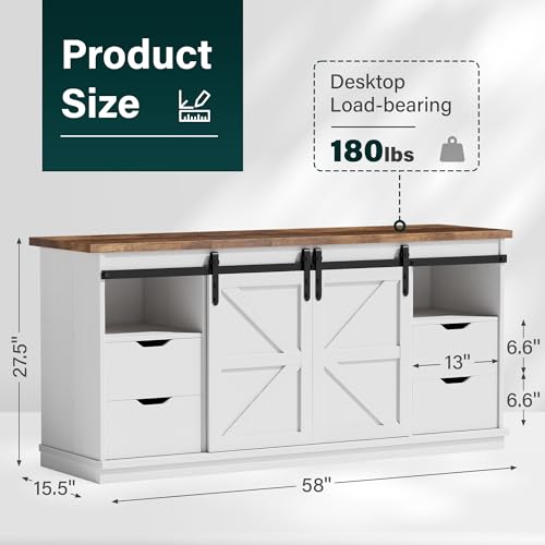 TV Stand with 4 Drawers for 65 Inch TV, Farmhouse Entertainment Center with Storage and Sliding Barn Doors, Rustic Media TV Console Cabinet with Shelves for Living Room Bedroom (Bright White)