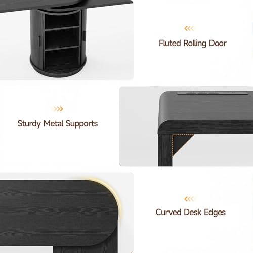 60 Inch L Shaped Desks with Power Outlets,360° Rotating Swivel Corner Desk with Storge, Fluted Computer Table for Home Office,Workstation,Study Room,Black