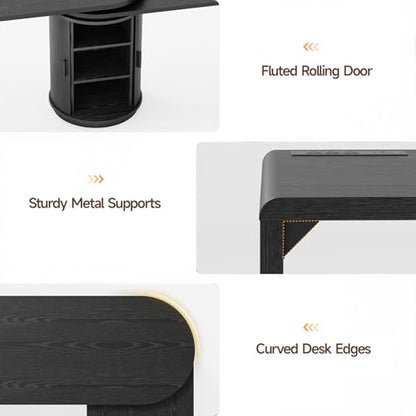 60 Inch L Shaped Desks with Power Outlets,360° Rotating Swivel Corner Desk with Storge, Fluted Computer Table for Home Office,Workstation,Study Room,Black